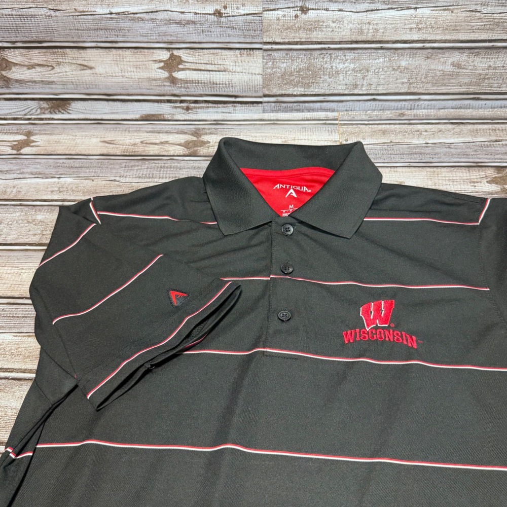 Antigua Mens Wisconsin‎ Badgers Polo Shirt Black Red Striped Size Medium